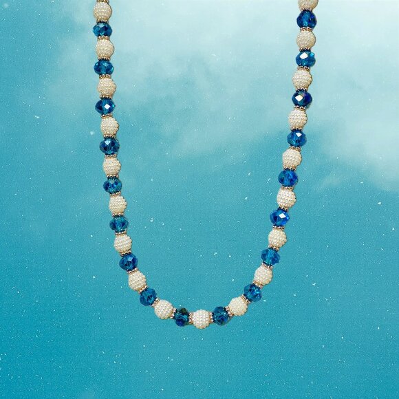 Blue glass and white round bead necklace an earring set with silver spacer beads - Picture 14 of 15